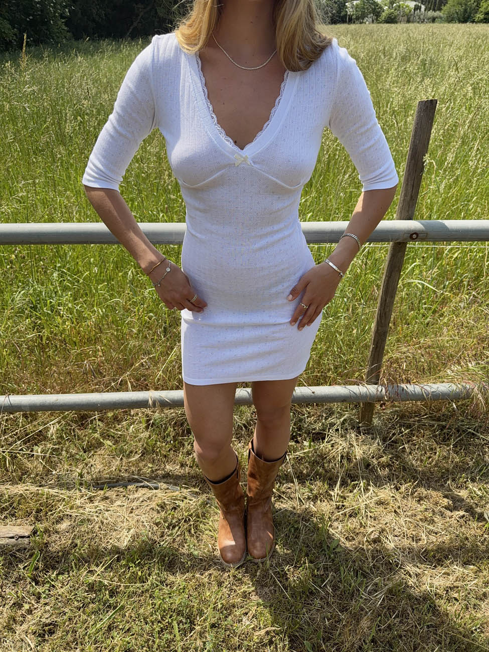 Shola pointelle dress with 3/4 sleeves - White