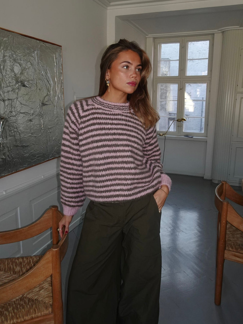 Zeya knit with stripes - Baby pink/taupe