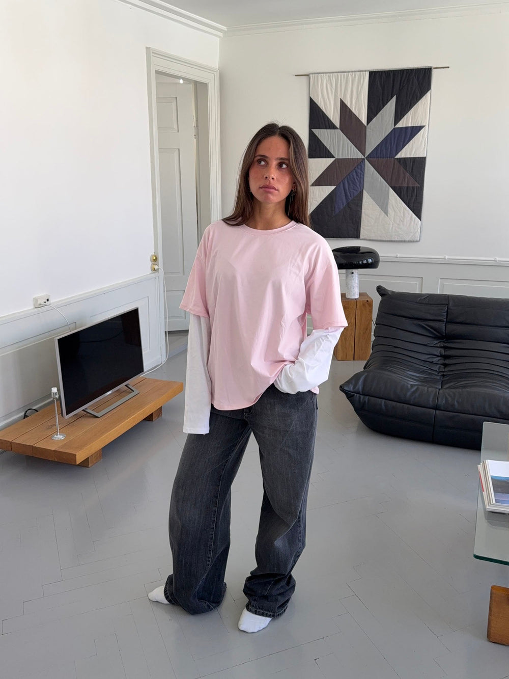 Amalie t-shirt with sleeves - Pink/white