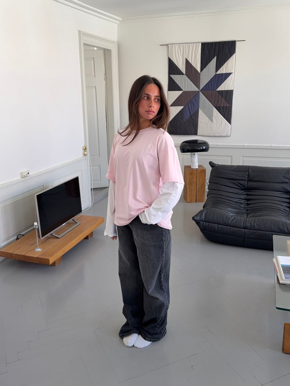 Amalie t-shirt with sleeves - Pink/white