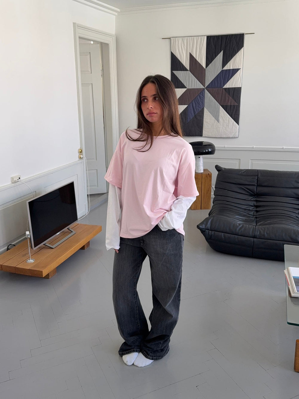 Amalie t-shirt with sleeves - Pink/white