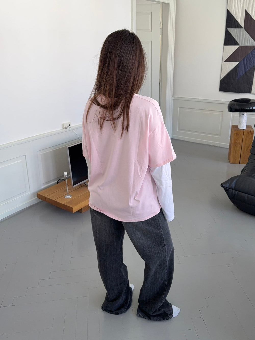 Amalie t-shirt with sleeves - Pink/white