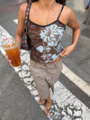 Candela top with flowers – Blue/brown