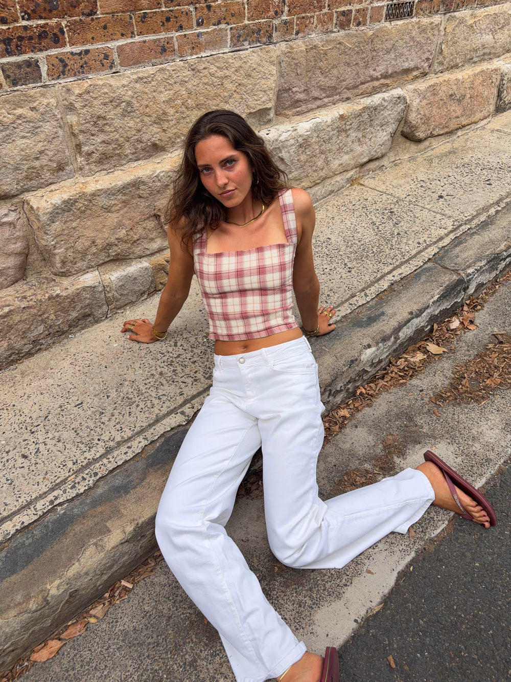 Maren top with checkers - Red/off white