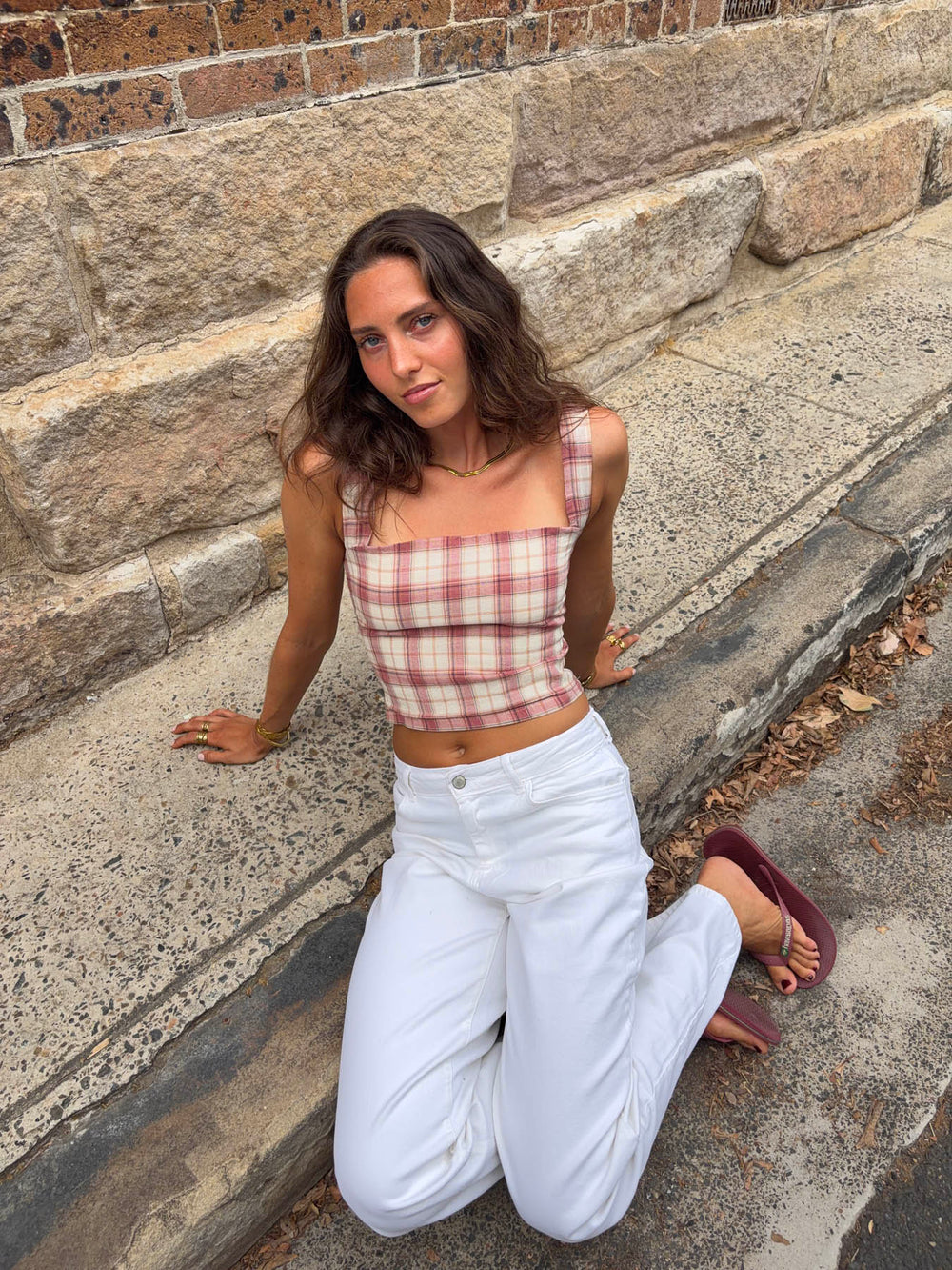 Maren top with checkers - Red/off white