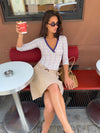 Tunia three-quarter sleeve with checkers - Cream/purple