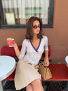 Tunia three-quarter sleeve with checkers - Cream/purple