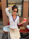 Tunia three-quarter sleeve with checkers - Cream/purple